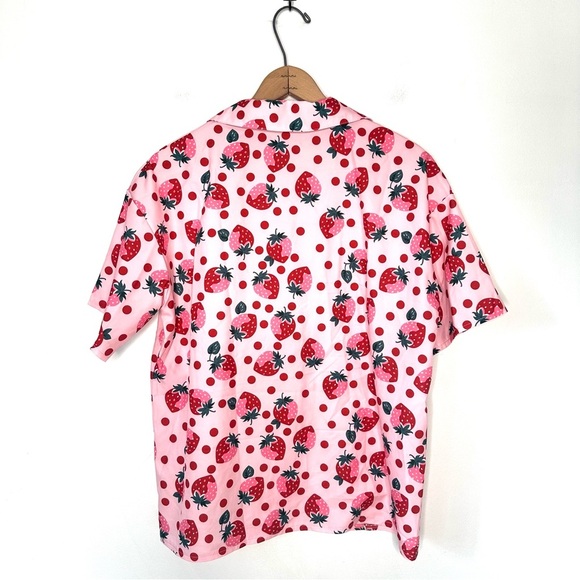 Romwe | Pink Strawberry Polka Dot Short Sleeve Button Down Shirt Size Small - Picture 4 of 6